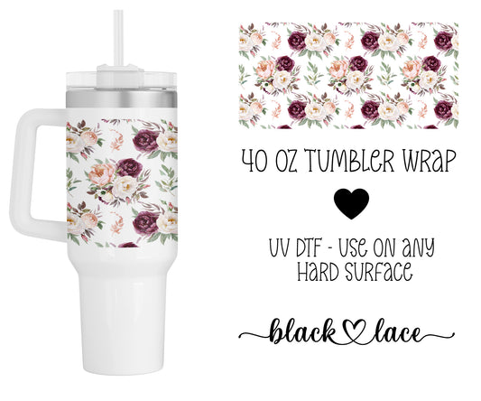 Rose and white florals ~ 40oz cup wrap